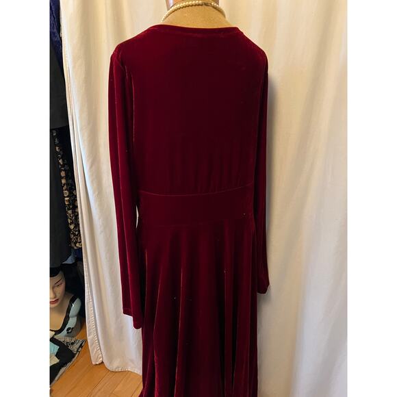 Deep red velvet maxi dress faux wrap wide midriff  v neck long sleeve party - Picture 5 of 11